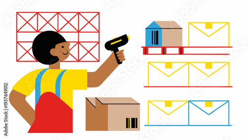 Delivery worker scanning package with colorful envelopes and boxes in background