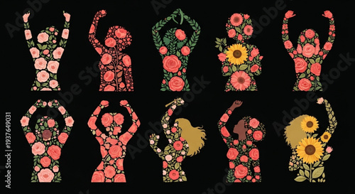 Diverse people with floral patterns celebrating empowerment and unity on black background