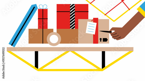 Vector illustration of a worker packing a wrapped gift into a cardboard box on a table with tape and other presents