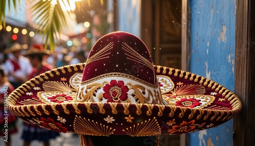 Colorful traditional sombrero worn at a cultural festival in a lively street during the evening hours
