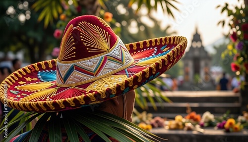 Colorful hat worn during a celebration in a garden setting with flowers and decorations in the background at dusk