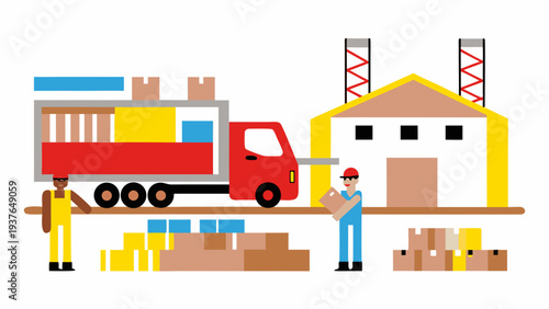 Large delivery truck with workers loading packages at warehouse dock