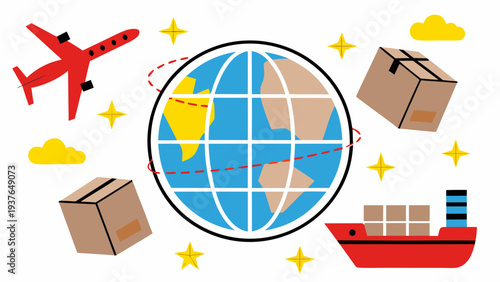 Global logistics and shipping concept with globe airplane cargo ship and parcels in transit