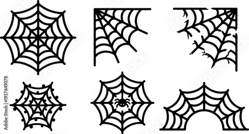 Flat design black spider web icon set halloween variations including corner web and central spider close up minimal line art