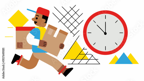 Delivery person rushing with packages against clock with geometric shapes background