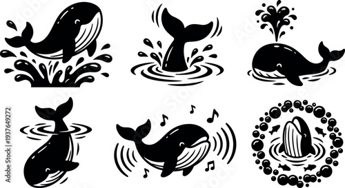 Flat design playful whale icons jumping splashing singing tail up spouting water swim circle composition smiling side view