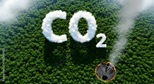 Aerial view of forest with CO2 clouds and industrial pollution