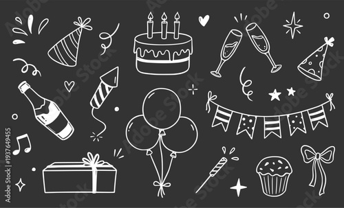 Birthday doodle icon element on chalkboard background. Hand drawn sketch doodle birthday cake, gift, event decoration element. Party, carnival celebration concept background. Vector illustration