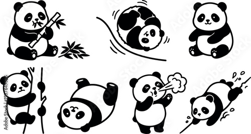 Cartoon panda icon set showing seven playful poses including eating climbing rolling sliding sneezing and resting in flat vector illustration
