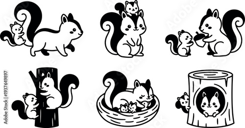 Line art squirrel family icons set showing parent and baby squirrels in playful poses and nest close up side view