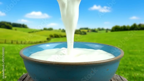 Fresh milk pouring into blue ceramic bowl on rustic wooden table outdoors in green countryside