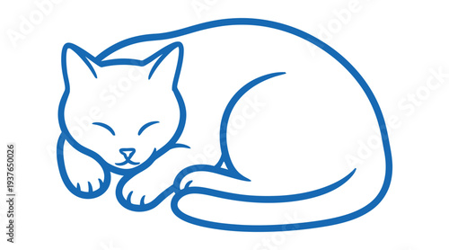 A serene blue line drawing of a sleeping cat curled up in a peaceful slumber on a plain white background with closed eyes