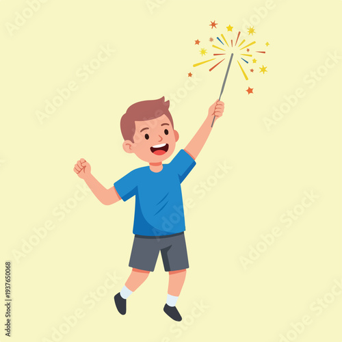 Happy Boy Holding Sparkler and Jumping in the Air