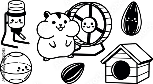 Line art cute kawaii hamster with wheel food bottle house seeds and play ball close up vector icons black white