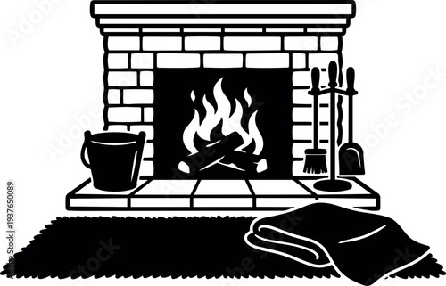 Flat design front view brick fireplace with roaring fire hearth tools bucket shag rug and folded blanket cozy close up