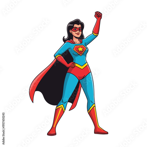 Cartoon woman in superhero costume with cape and mask standing strong