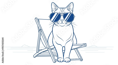 Relaxed feline enjoying shades and deckchair on sunny day