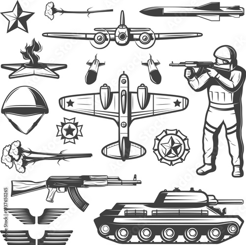 Vector silhouette set of military firearms including rifle pistol revolver shotgun and machine gun isolated in black on white background