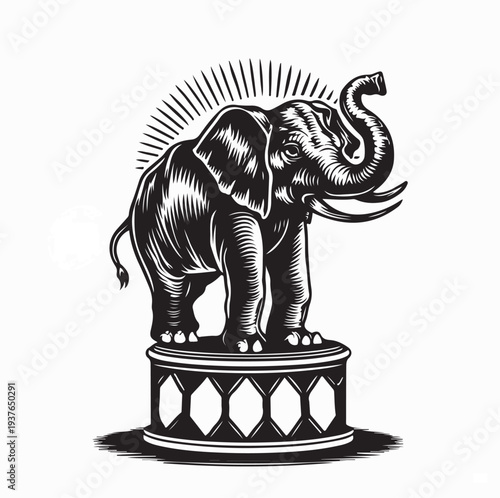 Elephant Circus Performance on Pedestal Vector Design Elephant Balancing on Pedestal Circus Act VectorOn White Background