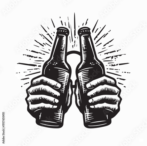 Hands Holding Beer Bottles Cheers Celebration Logo Vector Illustration