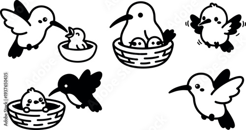 Cartoon line art hummingbird feeding chick close up in woven nest set of icons black and white vector illustration playful
