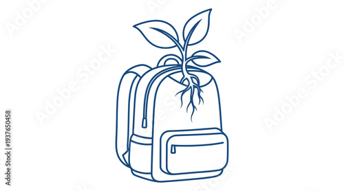 A simple line drawing of a backpack with a plant growing out of it symbolizing growth and nature