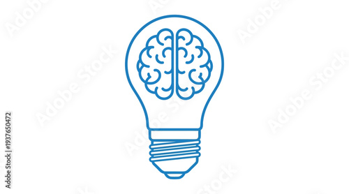 A blue line drawing of a lightbulb with a brain inside the bulb
