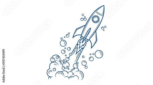 A blue rocket ship blasting off into the sky with flames and smoke