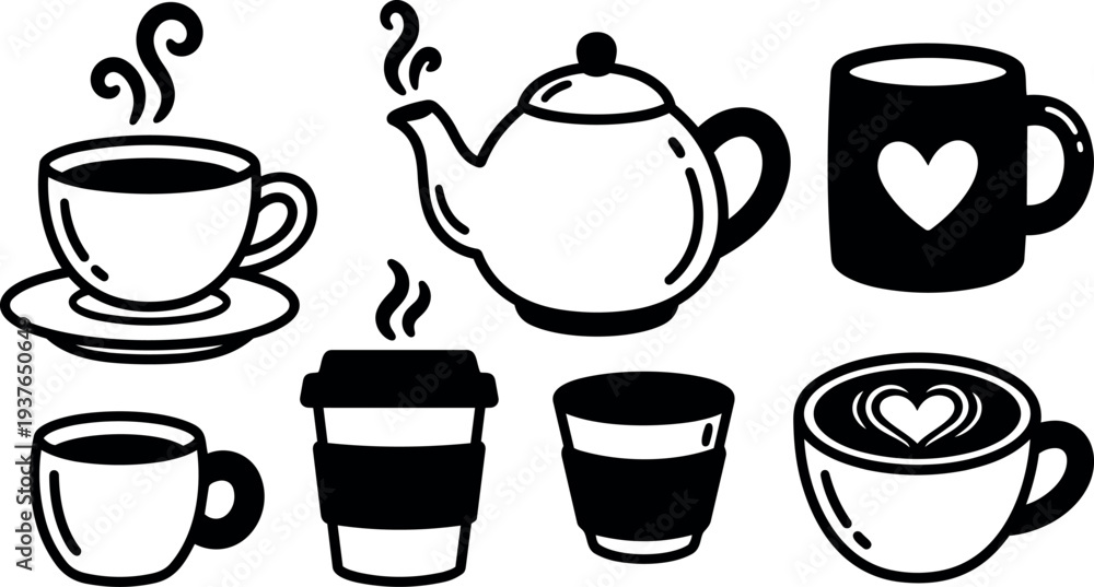 custom made wallpaper toronto digitalFlat icon set black and white line art coffee cups teapot set close up top view simple vector scalable icons