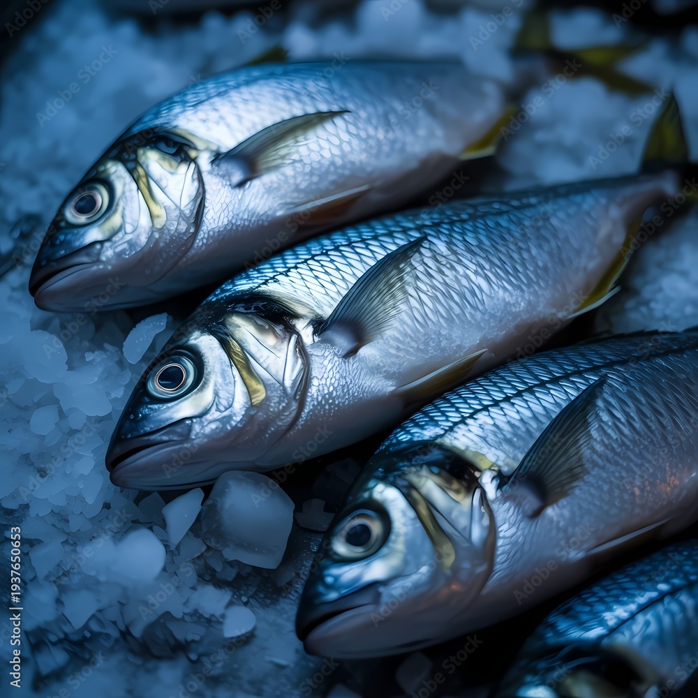 Obraz premium Fresh raw fish on ice for seafood market and restaurant mockup