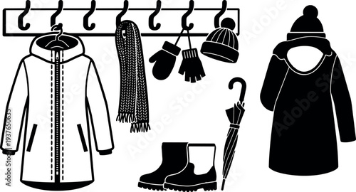 Flat design winter clothing icons coat on hanger long parka boots scarf hat mittens umbrella black white silhouette front view