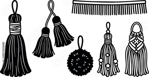 Line art close up tassel and fringe collection with pompom comb and decorative hanging trims vector black and white illustration