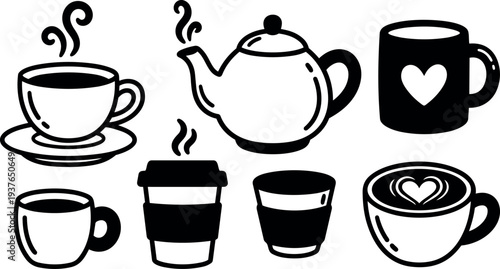 Flat icon set black and white line art coffee cups teapot set close up top view simple vector scalable icons