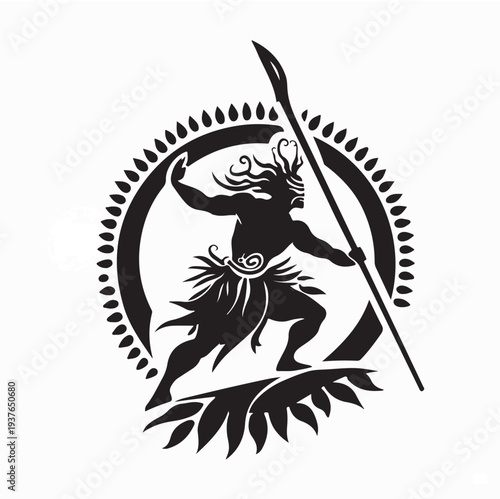 Polynesian Tribal Warrior Dancer with Spear Silhouette Logo Vector
