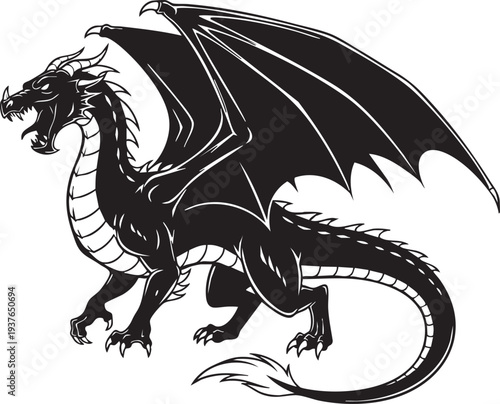 Black dragon with sharp teeth and claws standing on hind legs white