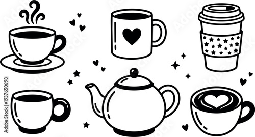 Hand drawn line art coffee and teapot set with latte heart cup takeaway mug close up flat cozy minimal playful