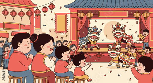 Family Watching Lion Dance Performance