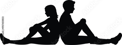 Silhouette of a young couple sitting back to back, representing relationship conflict, sadness, and emotional distance