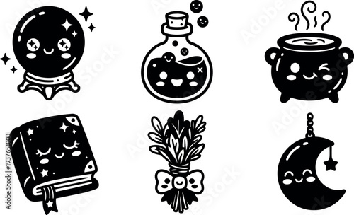 Flat design cute witchy icon set six kawaii magic objects smiling faces close up black vector front view bold simple