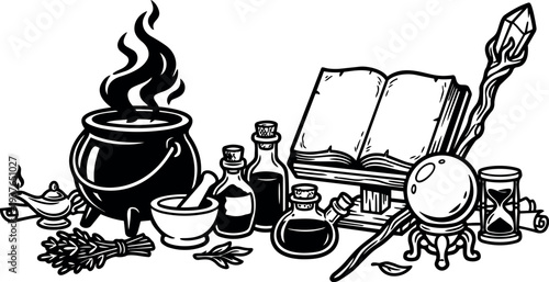 Line art witchcraft still life cauldron crystal ball spellbook magic staff herb mortar close up bottles vials hourglass bookstand monochrome