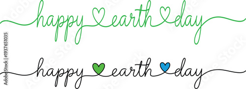 Happy Earth Day continuous line art script with hearts in green and black colors, perfect for environmental celebration designs.