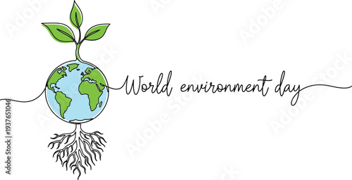 Continuous line drawing illustration of World Environment Day with a stylized globe, green plant, and roots on a white background.