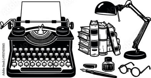 Vintage line art ink close up typewriter and desk lamp with book stack fountain pen and reading glasses monochrome