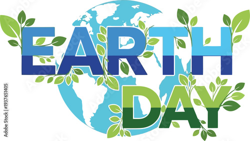 A stylized illustration of the words Earth Day with green leaves and a blue globe background