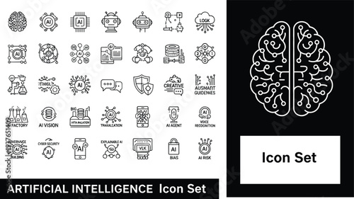 Artificial Intelligence Icon Set Featuring Machine Learning Brain Robots Data Analytics Ethics Technology Elements and Cad Drawing Flat Vector Illustration