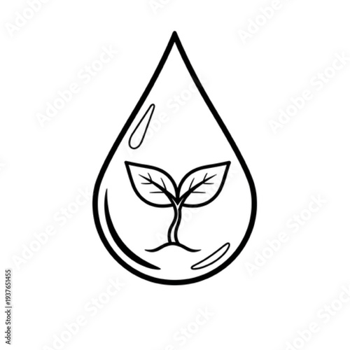 Biofuel Drop Icon with Green Sprout, Minimalist Line Art Vector of Sustainable Energy Droplet, Eco Friendly Fuel and Renewable Power Symbol on White