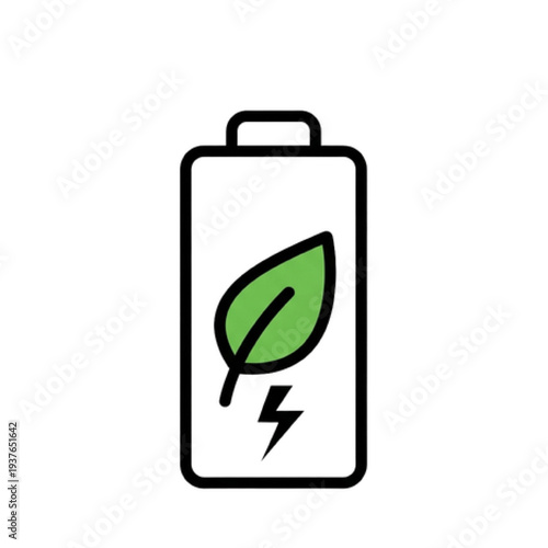 Green Battery Icon with Eco Leaf, Minimalist Vector Line Art of Sustainable Energy Storage, Renewable Power and Environmentally Friendly Battery Symbol