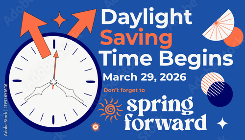 A colorful illustration depicts a calendar page for march 29 2026 highlighting spring forward with a clock and floral elements high-quality professional detailed modern elegant