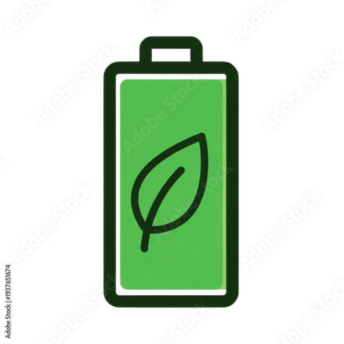 Green Battery Icon with Eco Leaf, Minimalist Vector Line Art of Sustainable Energy Storage, Renewable Power and Environmentally Friendly Battery Symbol
