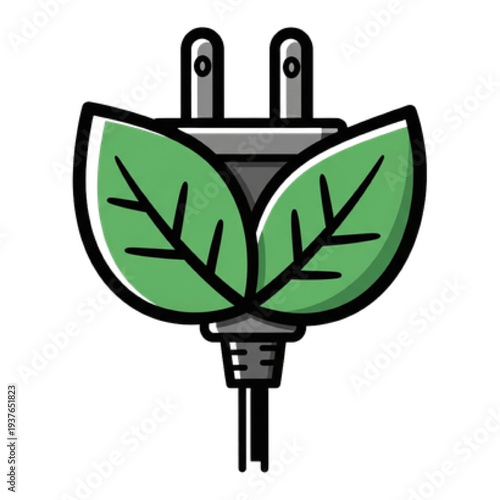 Electric Plug Leaf Icon with Green Power Prongs, Minimalist Vector Line Art of Sustainable Electricity, Eco Friendly Energy and Renewable Fuel Symbol
